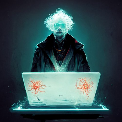 AVNL_A_physicist_with_laptop_casting_magic_spells_with_a_whit_